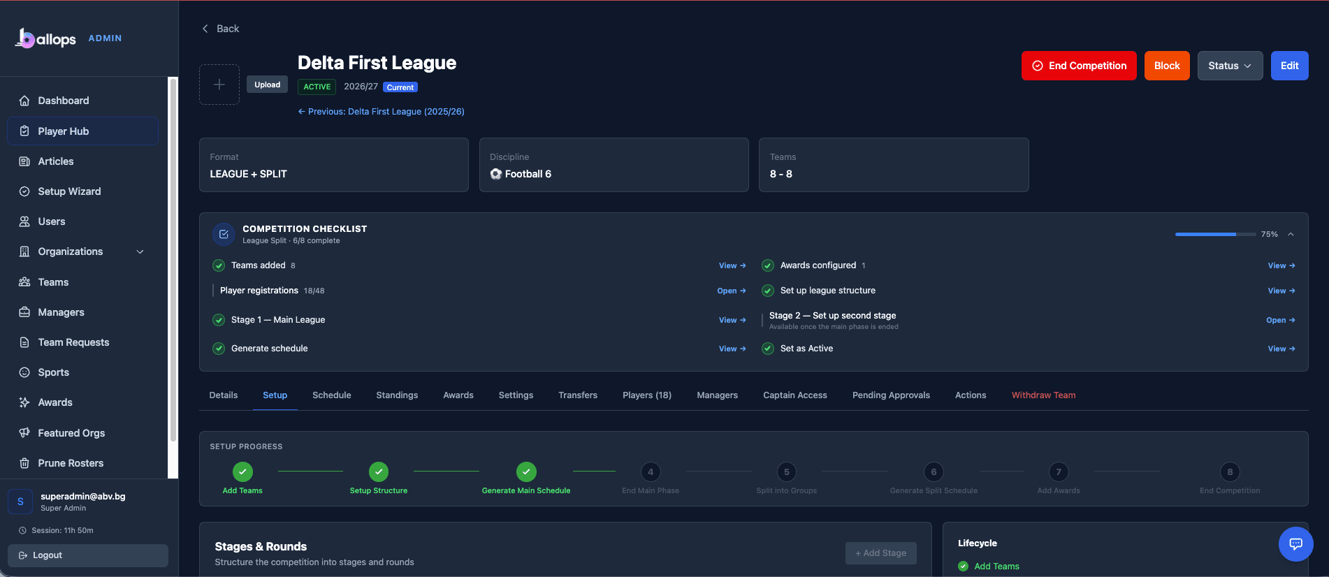 Ballops admin platform — league operations dashboard